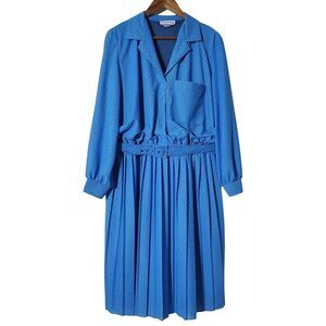 Vintage Damon Pleated Midi Dress Size 1X Blue Birds Pattern Belted Union Tag